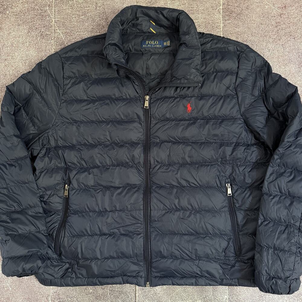 Men's Polo Ralph Lauren Navy Blue Red Logo Goose Down Zip Up Puffer Jacket Sz XL